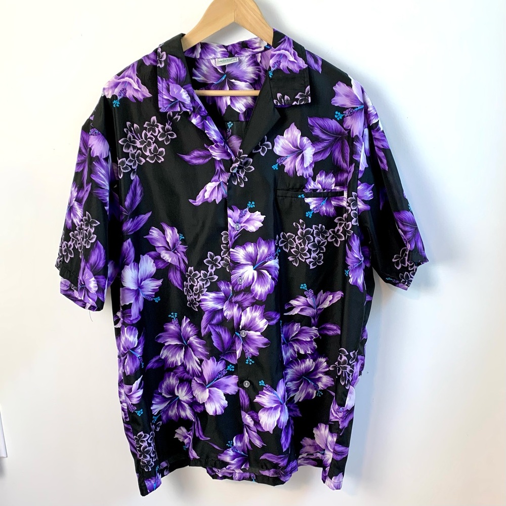 Vintage 90s / Y2K Men’s Aloha Hawaiian Button Down Casual Shirt, Purple Black XL